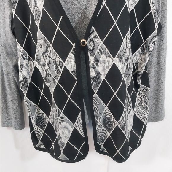 NWOT! ALFRED DUNNER! BLACK, GRAY, WHITE KNIT FAUX TWIN SET PAISLEY ARGYLE! SZ 2X - Picture 4 of 8